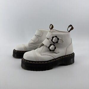 Dr. Martens Devon Flower Size 8 White Soft Leather Platform Ankle Boots Shoes